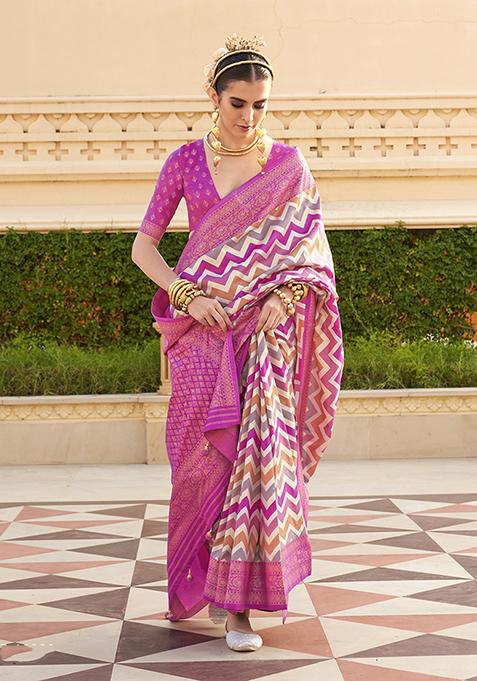 Magenta Printed Woven Silk Saree Set