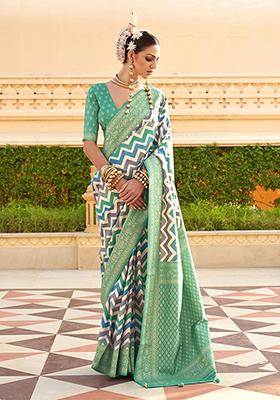 Turquoise Blue Printed Woven Silk Saree Set