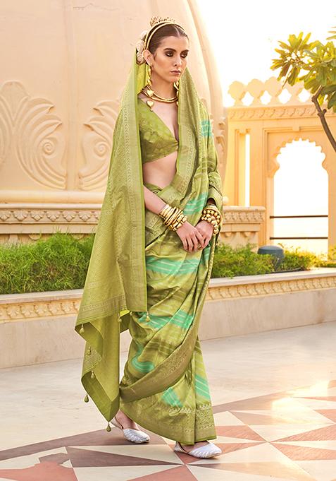 Olive Printed Woven Silk Saree Set