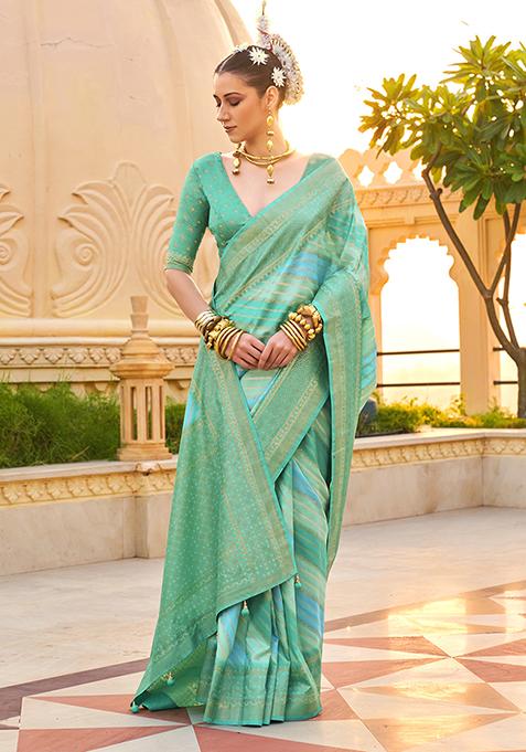 Turquoise Blue Printed Woven Silk Saree Set