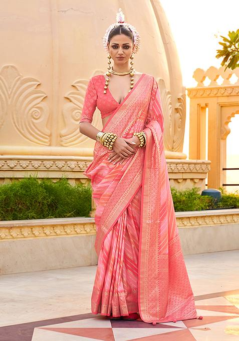 Peach Printed Woven Silk Saree Set