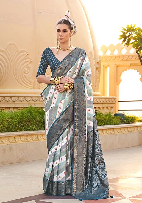 Teal Printed Woven Silk Saree Set