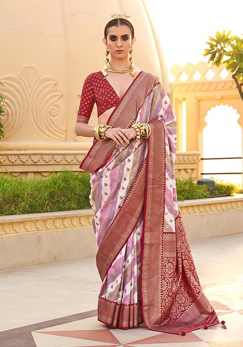 Maroon Printed Woven Silk Saree Set