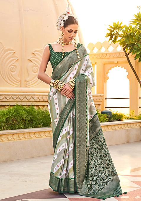 Green Printed Woven Silk Saree Set