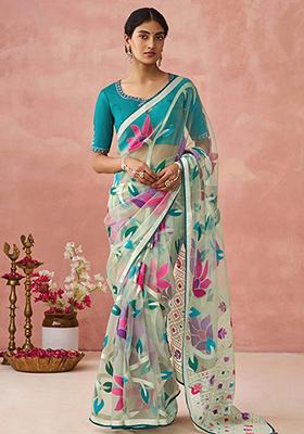 Light Green Floral Print Brasso Saree Set