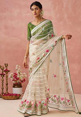Cream Floral Print Brasso Saree Set