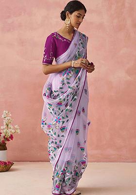 Lavender Floral Print Brasso Saree Set