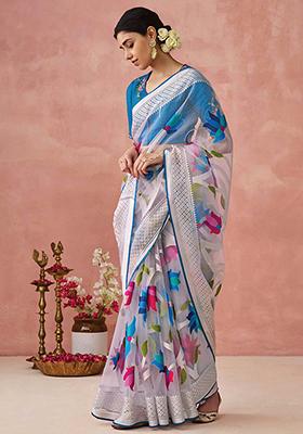 Silver Floral Print Brasso Saree Set