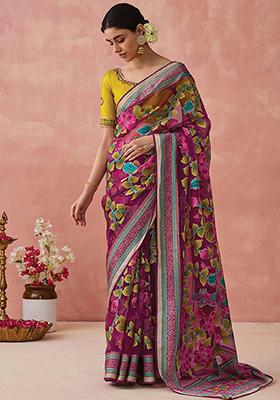 Magenta Floral Print Brasso Saree Set