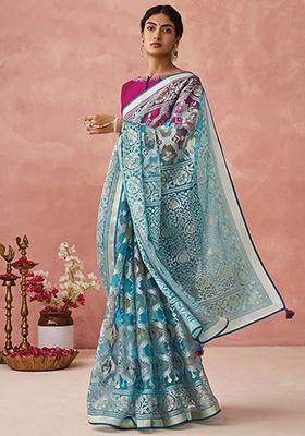 Aqua Blue Floral Print Brasso Saree Set