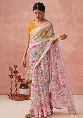 Light Pink Floral Print Brasso Saree Set
