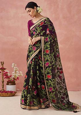 Black Floral Print Brasso Saree Set