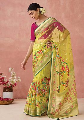 Yellow Floral Print Brasso Saree Set