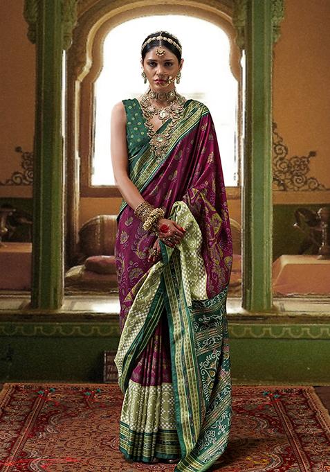 Burgundy Printed Silk Saree Set