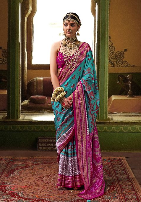 Aqua Blue Printed Silk Saree Set