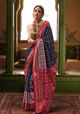 Navy Blue Printed Silk Saree Set