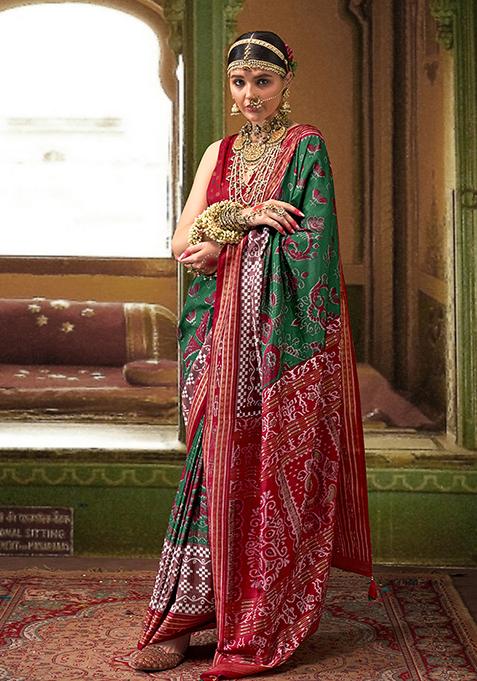 Green Printed Silk Saree Set