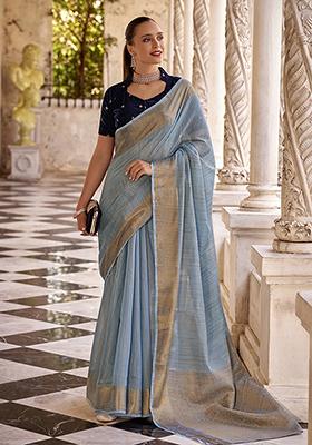 Light Blue Zari Woven Linen Saree Set