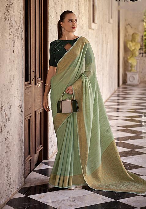 Light Green Zari Woven Linen Saree Set