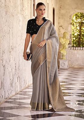 Grey Zari Woven Linen Saree Set