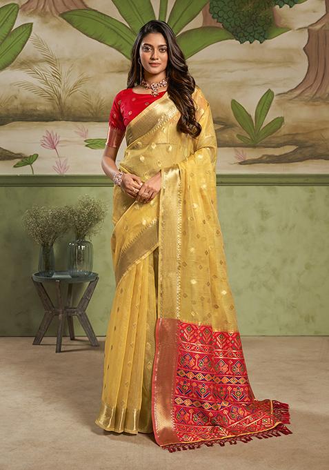 Yellow Zari Woven Cotton Silk Saree Set