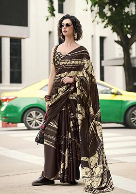 Brown Printed Satin Saree Set