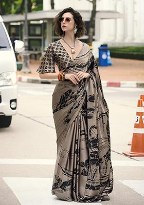 Brown Printed Satin Saree Set
