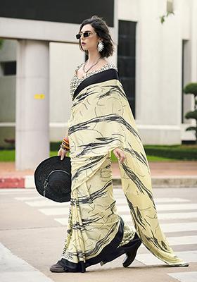 Off White Printed Satin Saree Set
