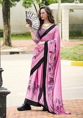 Pink Printed Satin Saree Set