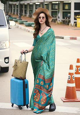 Sea Green Printed Satin Saree Set