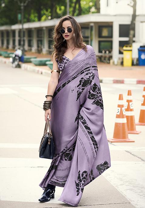 Mauve Printed Satin Saree Set