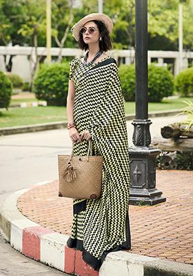 Light Green Printed Satin Saree Set