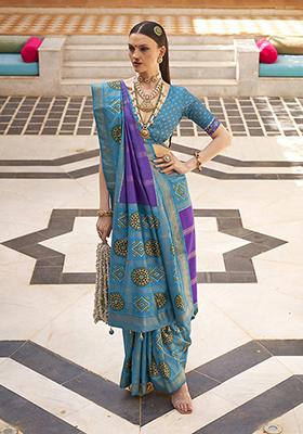 Aqua Blue Digital Print Silk Saree Set