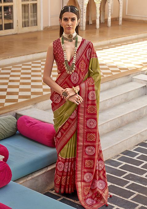 Olive Digital Print Silk Saree Set