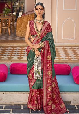 Dark Green Digital Print Silk Saree Set