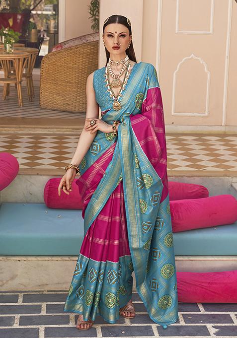 Rani Pink Digital Print Silk Saree Set