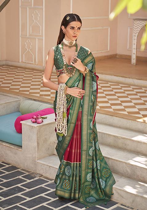 Maroon Digital Print Silk Saree Set