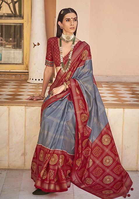 Grey Digital Print Silk Saree Set