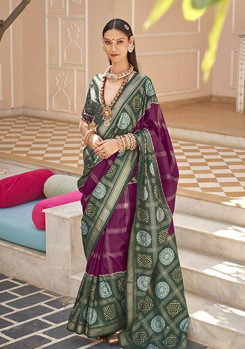 Burgundy Digital Print Silk Saree Set