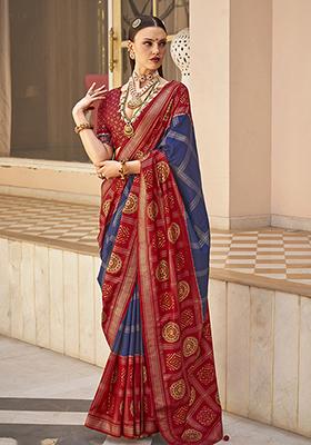 Navy Blue Digital Print Silk Saree Set