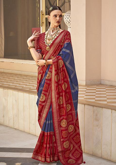 Navy Blue Digital Print Silk Saree Set