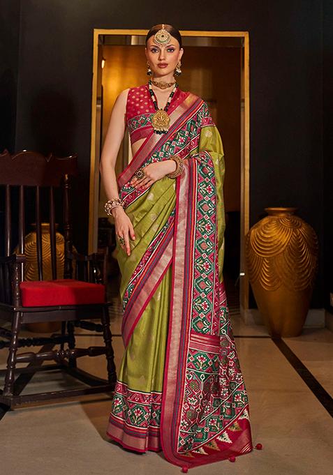 Olive Digital Print Silk Saree Set