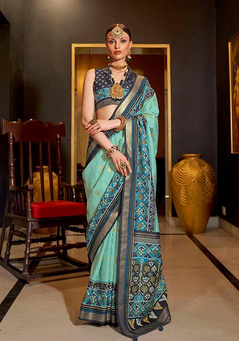 Aqua Blue Digital Print Silk Saree Set