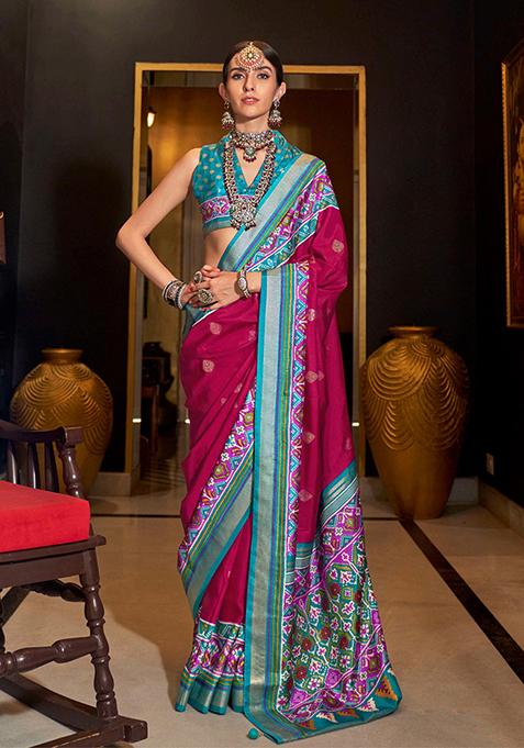 Rani Pink Digital Print Silk Saree Set