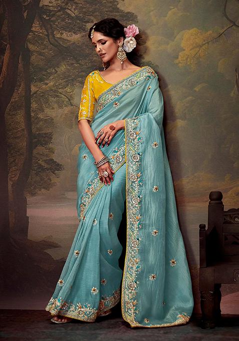 Aqua Blue Embroidered Organza Saree Set