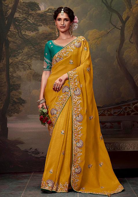 Mustard Embroidered Organza Saree Set