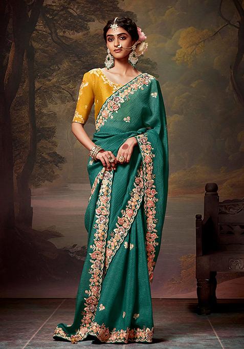 Teal Embroidered Organza Saree Set