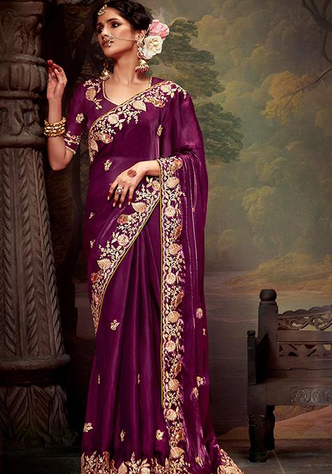 Burgundy Embroidered Organza Saree Set