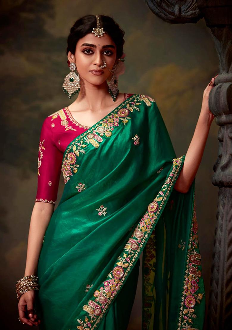 Green Embroidered Organza Saree Set