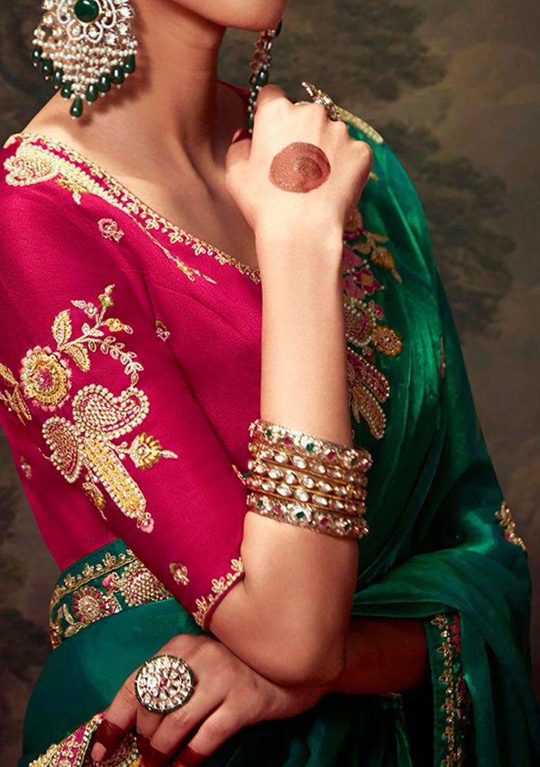 Green Embroidered Organza Saree Set